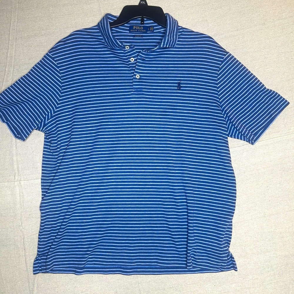 Polo Ralph Lauren Classic Fit Blue Striped Cotton Polo Shirt Short Sleeve L